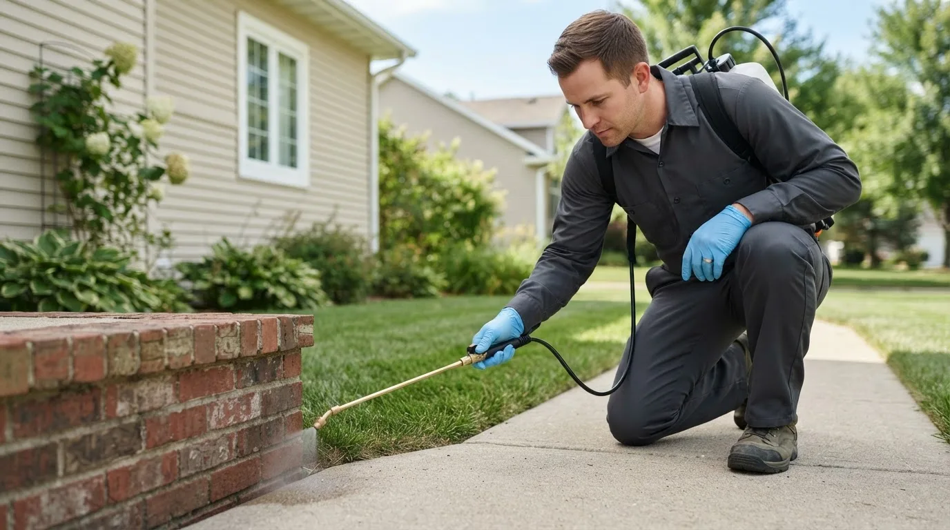 Pest control technician treating a home near Whitsett, NC